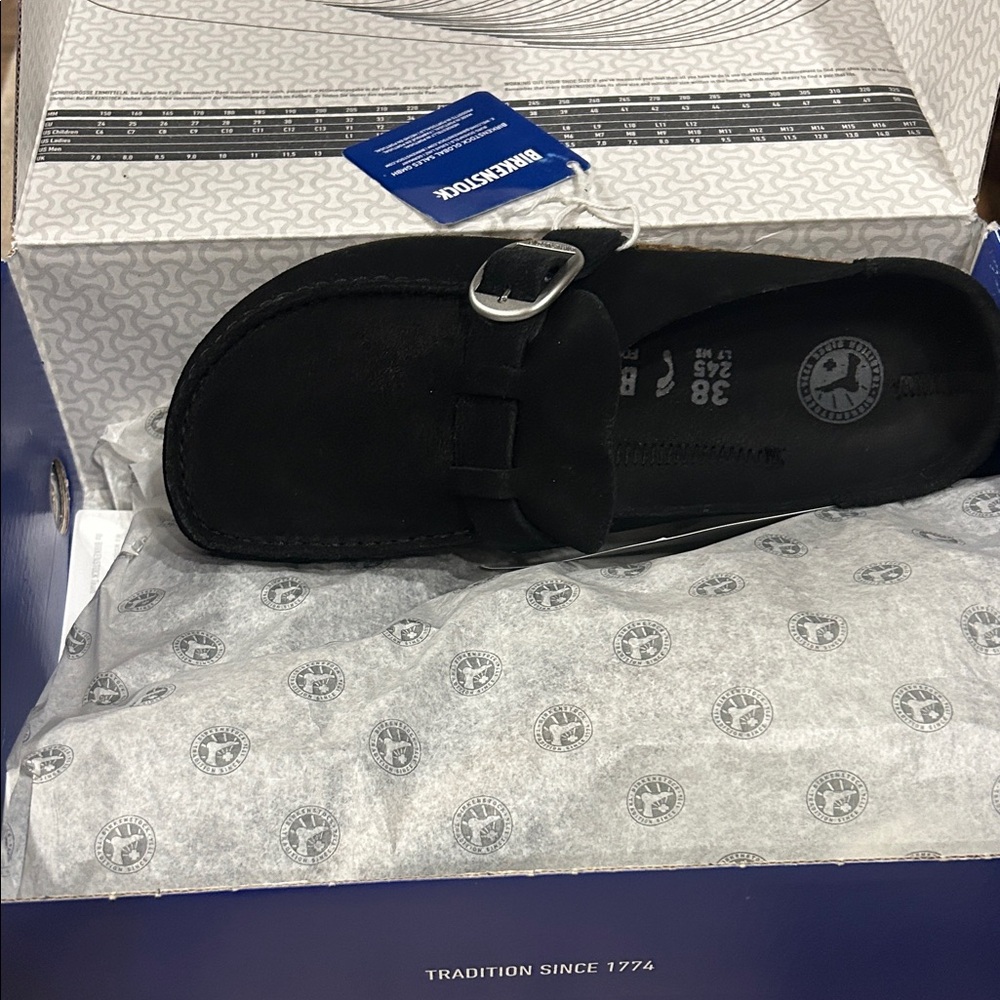 Birkenstock Black Suede Buckle Mules
